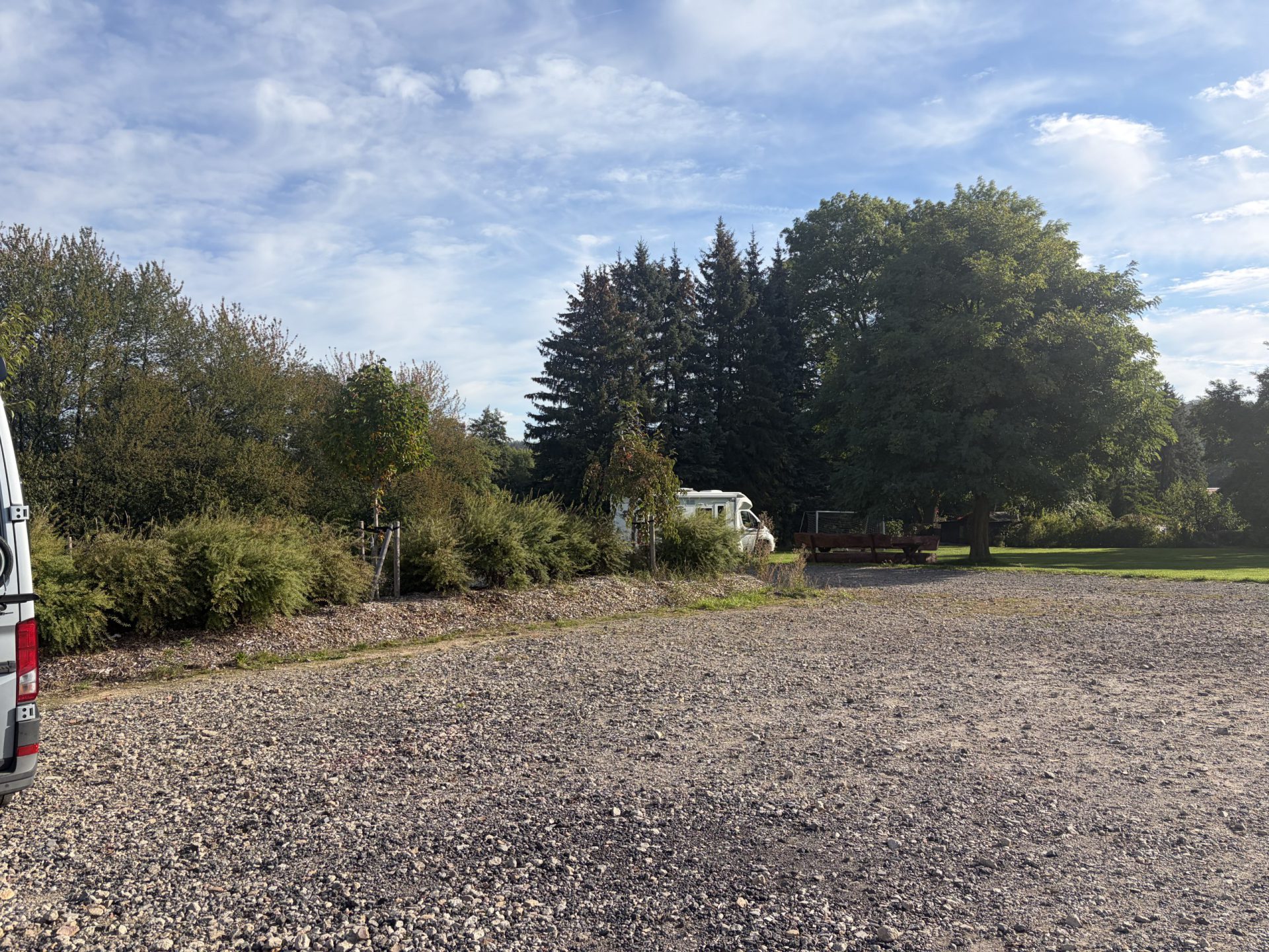 Der Stellplatz mit Wohnmobilen, dahinter Hecke und Bäume